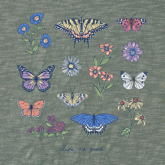 Life is Good Women's Realaxed Butterflies and Wildflowers Short Sleeve-Women's - Clothing - Tops-Life is Good-Appalachian Outfitters