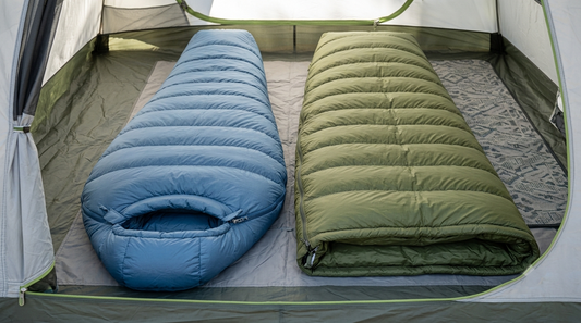 Mummy and rectangular sleeping bags shown side by side for comparison