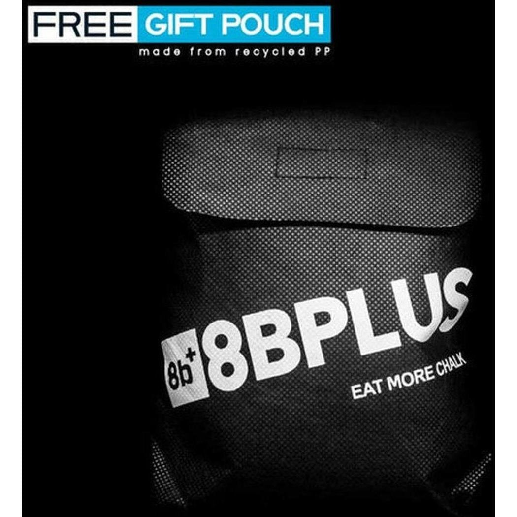 Back of a black 8BPlus chalk bag with "EAT MORE CHALK" text, showing the top flap and logo against a dark background.