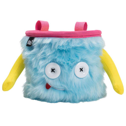 Front view of the 8BPlus Jamie chalk bag in Pastel Blue with yellow arms and pink top straps.