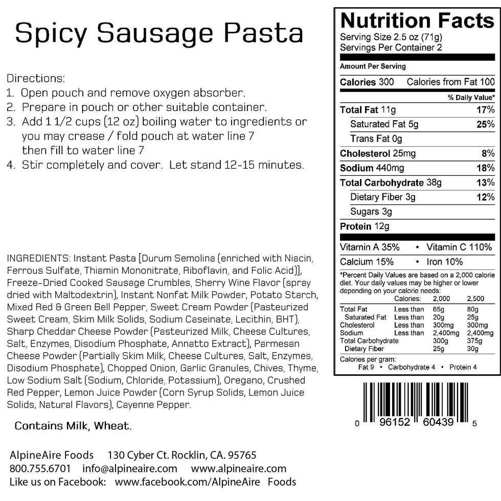AlpineAire-Spicy Sausage Pasta (Pork)-Appalachian Outfitters