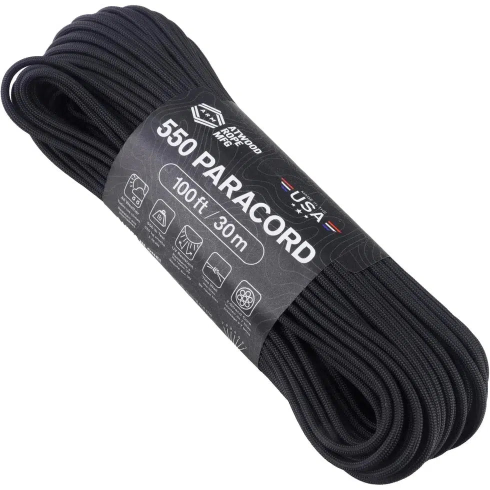 Atwood Rope Paracord - 550 LB - 4MM X 100 FT-Climbing - Ropes-Atwood Rope-Black-Appalachian Outfitters