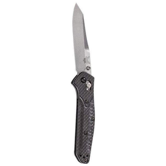 A side view of the Benchmade 940-1 Osborne knife with a carbon fiber handle and a stainless steel blade against a white background.