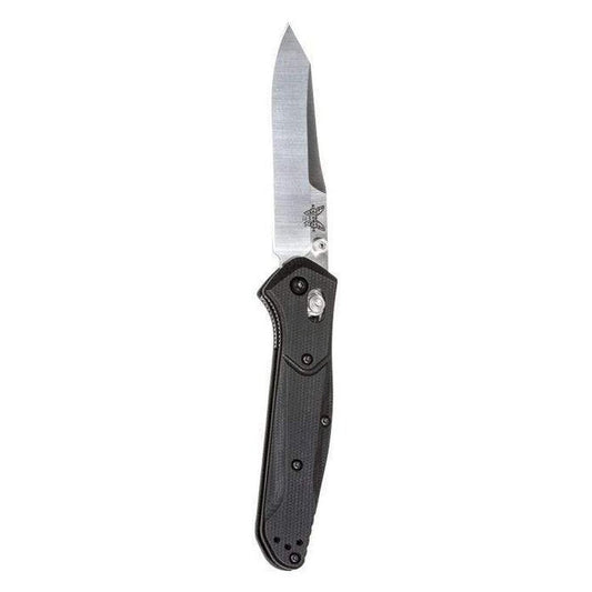 A side view of the Benchmade 940-2 Osborne knife with a black handle and a silver blade against a white background.