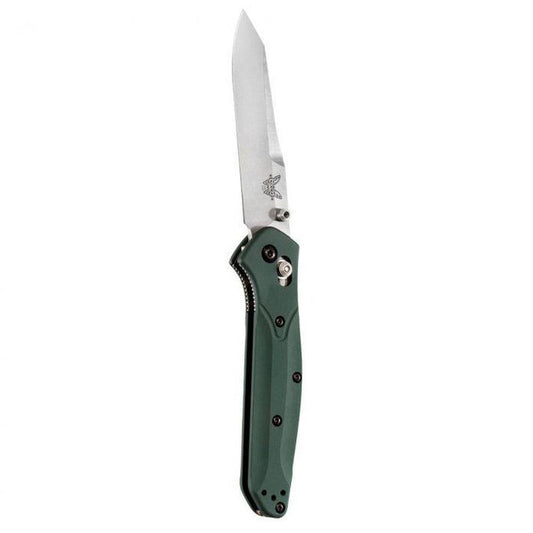 A side view of the Benchmade 940 Osborne knife with a green handle and a white background.
