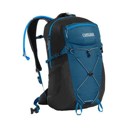 A front view of the CamelBak Fourteener 26 3L hydration backpack in Graphite/Red Poppy with blue accents and a white background.
