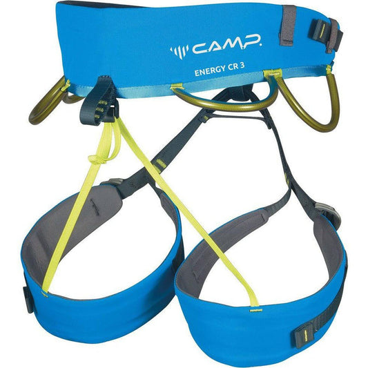 Light blue CAMP Energy CR 3 climbing harness shown from a front angle with yellow straps and gold carabiner loops.