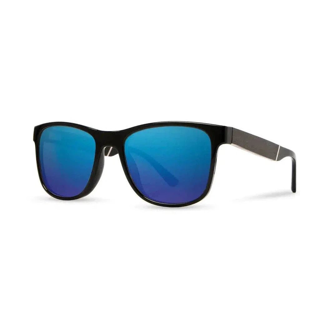 Side view of the Camp Eyewear Trail sunglasses with black frames and blue lenses against a white background.
