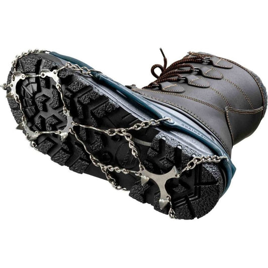 Close-up of the CAMP Spikes Pro attached to a black boot sole showing metal chains and spikes.