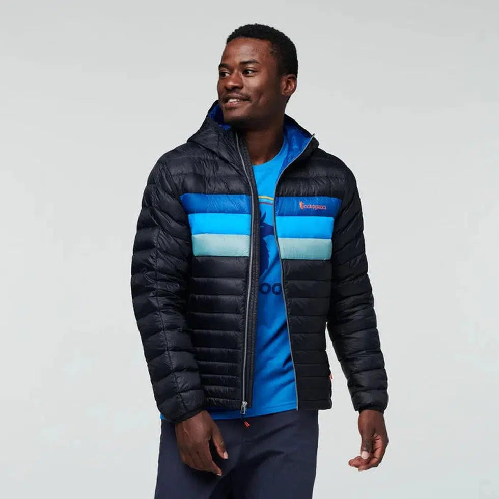 Men's Fuego Down Hooded Jacket-Men's - Clothing - Jackets & Vests-Cotopaxi-Black/Pacific Stripes-M-Appalachian Outfitters