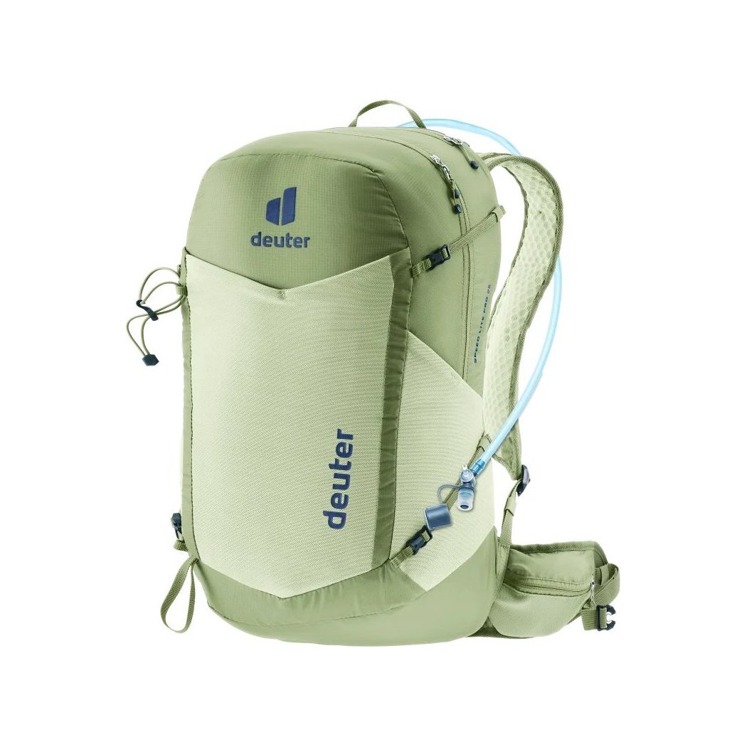 Front view of the Deuter Speed Lite Pro 25 - Hydro in Black showing the hydration tube and mesh shoulder straps against a white background.