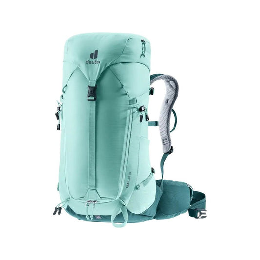 Front view of the Deuter Trail 28 SL in Glacier Deep Se with padded shoulder straps against a white background.