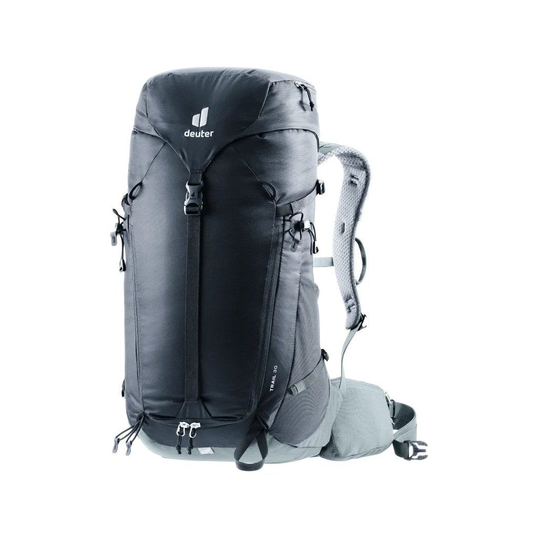 Front view of the Deuter Trail 30 in Black Shale showing the padded shoulder straps and white background.
