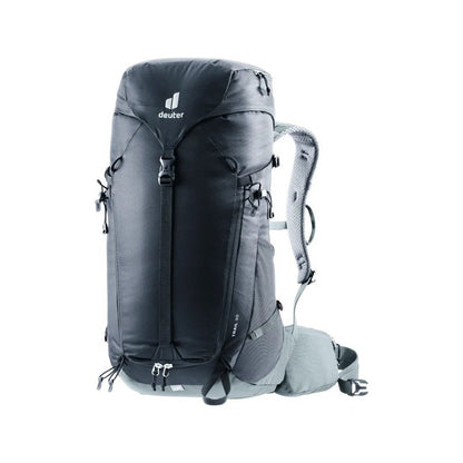 Front view of the Deuter Trail 30 in Black Shale showing the padded shoulder straps and white background.