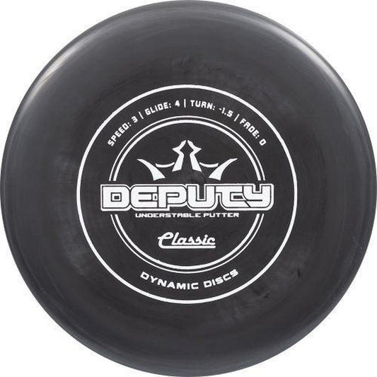 A top-down view of the Dynamic Discs Classic Deputy disc golf putter in pink showing the speed and glide ratings on the face.