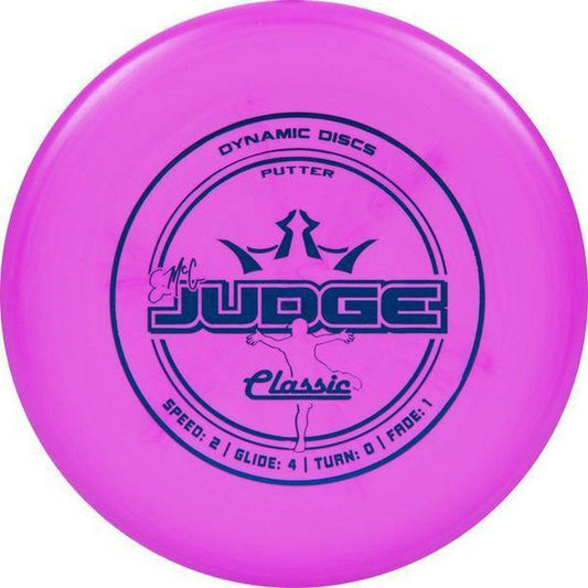 A top-down view of the Dynamic Discs Classic EMAC Judge disc golf putter in blue showing the "Speed: 2" rating and a silhouette graphic.