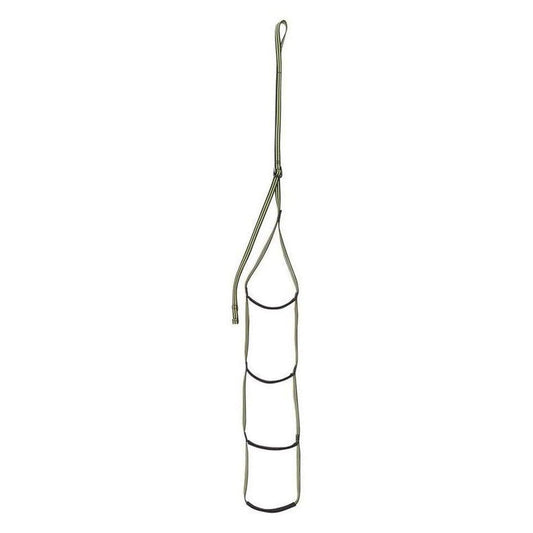 A vertical view of the Edelrid Aid Climber in Night Oasis showing its four rung design and attached sling against a white background.