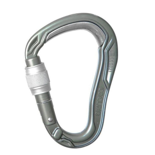 A side view of the Edelrid HMS Bulletproof Screw carabiner in Slate color showing the screw gate and a white background.