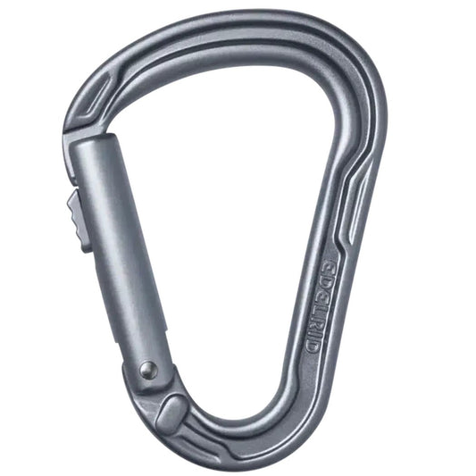 Side view of the Edelrid HMS Strike Slider II carabiner in Slate showing the locking mechanism and brand name on the side against a white background.