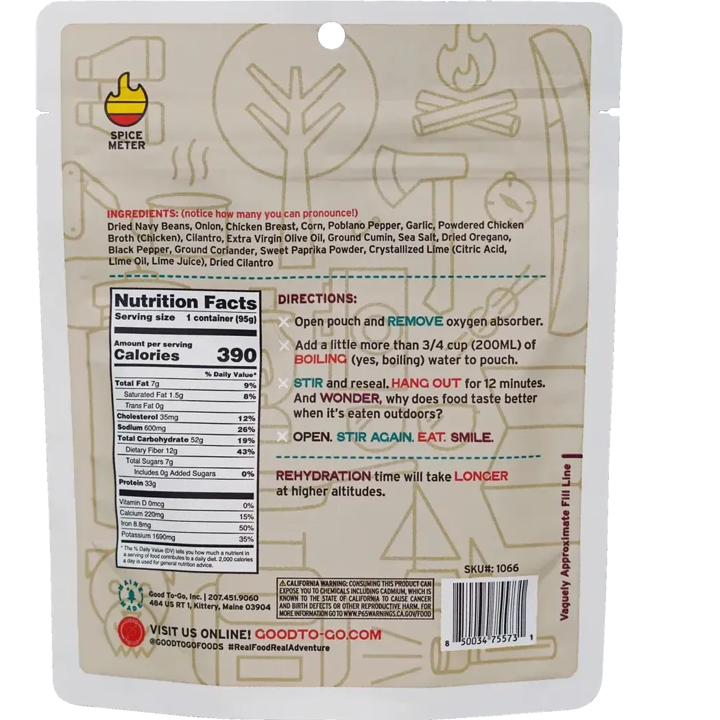 Good To-Go White Bean Chicken Chili-Food - Backpacking-Good To-Go-Appalachian Outfitters