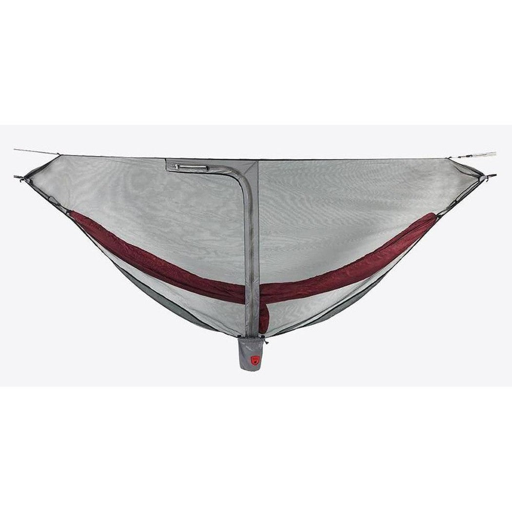 The Grand Trunk Mozzy Lite Net hammock bug net with a red interior stripe is shown from a front angle against a plain white background.