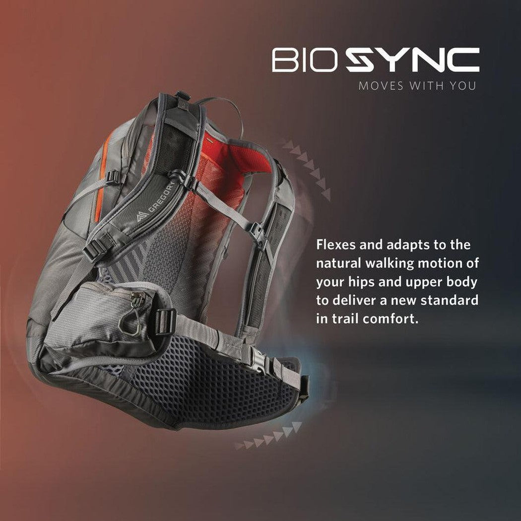 Side view of the Gregory Maya 20 Plus in Iris Red showing the BioSync feature against a gradient background.