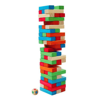 A tall stack of colorful wooden blocks from the GSI Outdoors Basecamp Tumbling Tower with a small ball at the base against a white background.