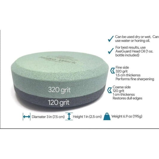 A top-down view of the Helko Werk Axe Sharpening Stone showing its dual grits and dimensions against a white background.