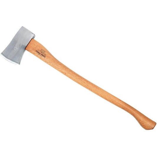 A side view of the Helko Werk Forester axe with a wooden handle and metal head against a white background.
