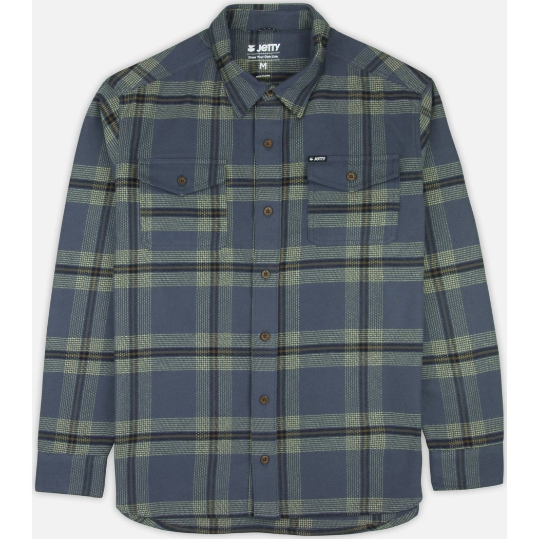 Front view of the Jetty Breaker Flannel in Indigo showing the button-up front and chest pockets.