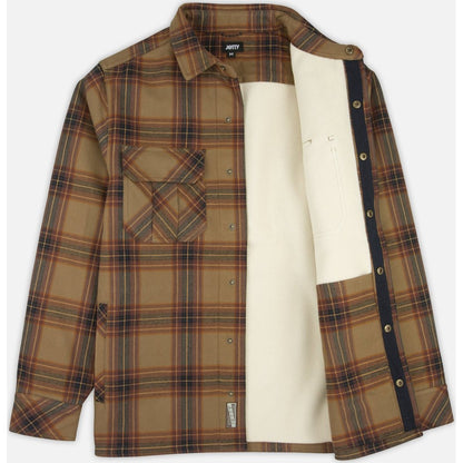 Front view of the Jetty Hull Jacket - Light Brown showing the plaid pattern and cream-colored inner lining.