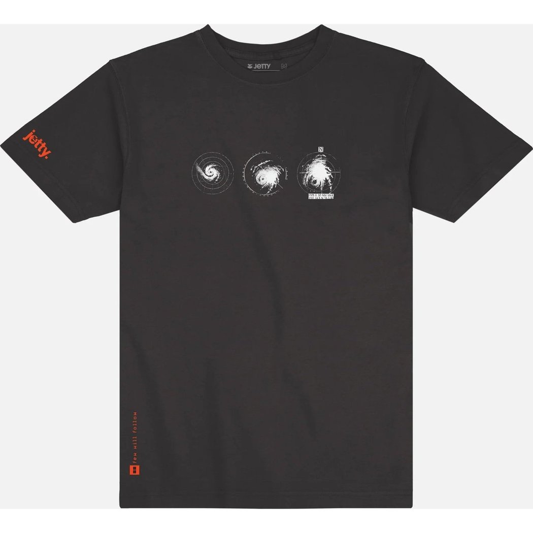 Front view of the Jetty Mens Blip Tee in Black showing three circular graphics on the chest and an orange logo on the sleeve.