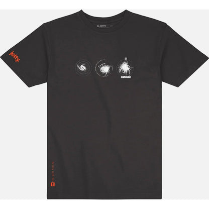 Front view of the Jetty Mens Blip Tee in Black showing three circular graphics on the chest and an orange logo on the sleeve.