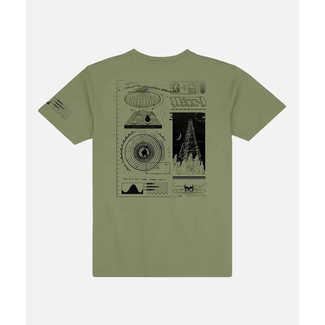 Back view of the Jetty Men's Radius Tee in Olive showing the graphic design on the back against a white background.