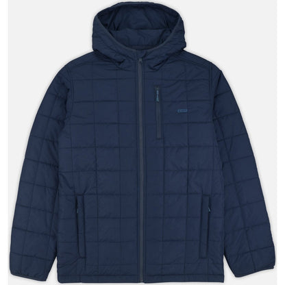 Front view of the Jetty Puffer Coat in Navy with a hood and zippered pockets against a white background.