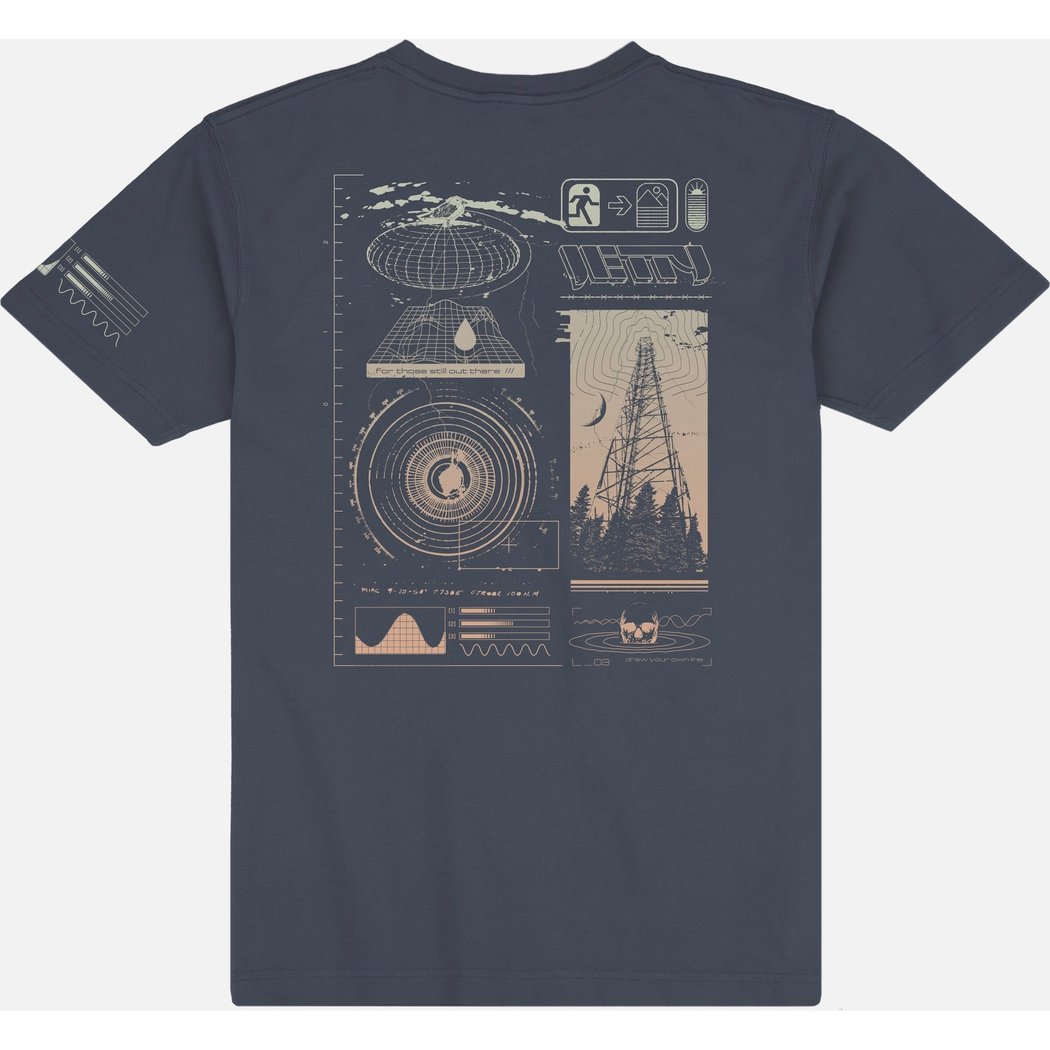 Back view of the Jetty Radius Tee in Navy showing a technical graphic design on the back.