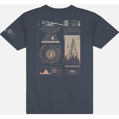 Back view of the Jetty Radius Tee in Navy showing a technical graphic design on the back.