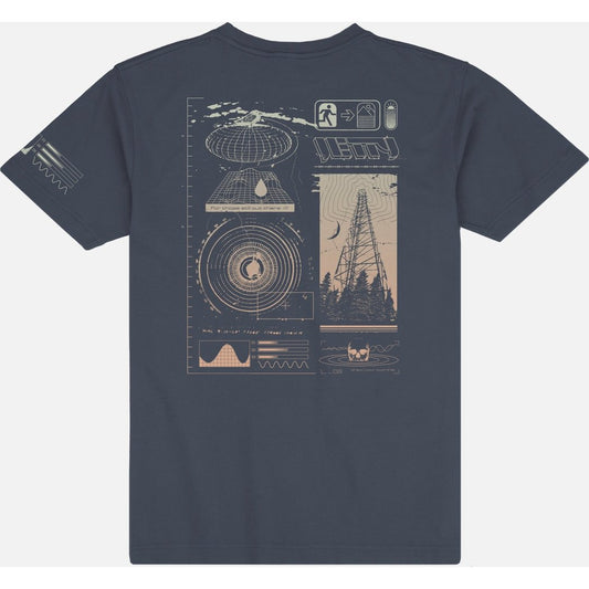 Back view of the Jetty Radius Tee in Navy showing a technical graphic design on the back.