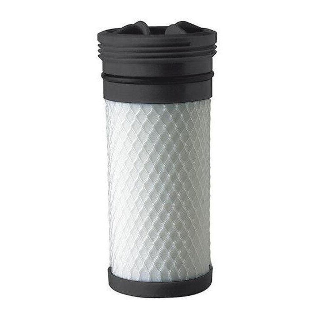 A front view of the Katadyn Hiker Pro Replacement water filter cartridge with a textured white body and black top and bottom against a white background.