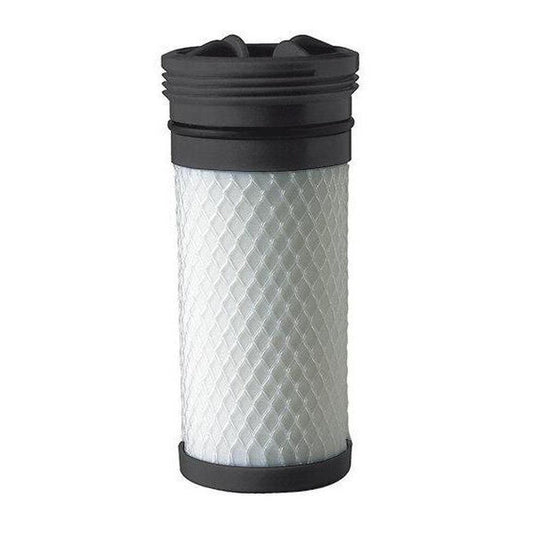 A front view of the Katadyn Hiker Pro Replacement water filter cartridge with a textured white body and black top and bottom against a white background.