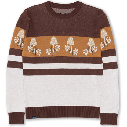 Front view of the Kavu Hillrose Women's sweater in Forage Patch showing the floral and striped pattern against a white background.