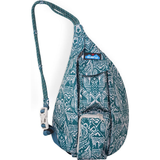 Front view of the Kavu Mini Rope Sling in Wild Bear with a patterned print and front zip pocket.