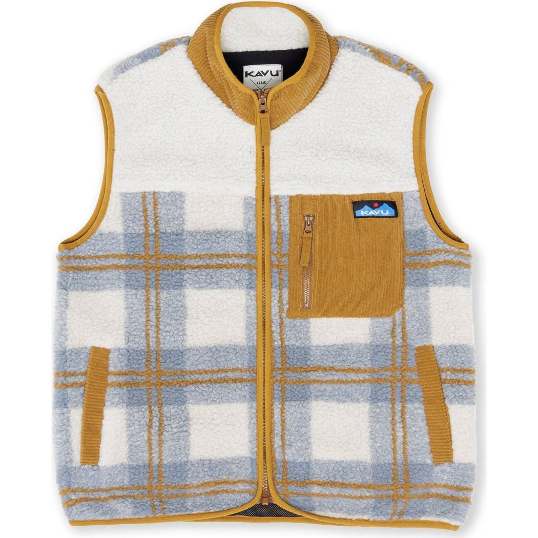 Front view of the Kavu Ozette women's vest in Horizon Plaid with a zippered pocket and plaid pattern.