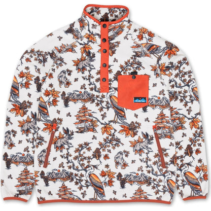 Front view of the Kavu Teannaway in Faraway Forest showing the orange pocket and nature print against a white background.