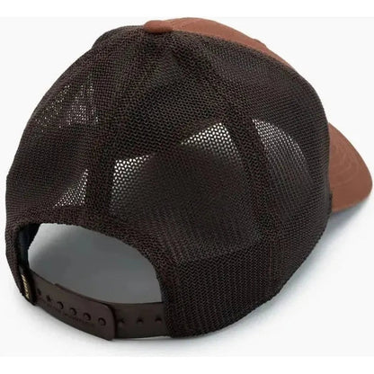 Back view of the Kuhl Trucker Rustic Brick hat showing the mesh back and adjustable strap against a white background.