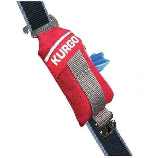 A red Kurgo Duty Bag attached to a dark blue strap with a gray strap and metal buckle, showing a close-up from the side against a white background.