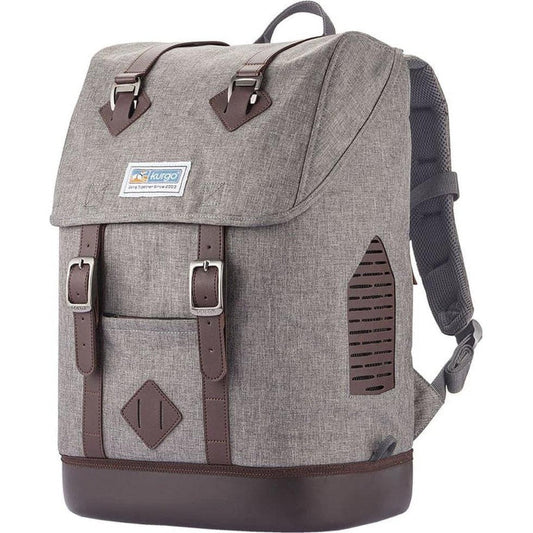 A front view of the Kurgo K9 Rucksack in Heather Grey showing the front pocket and side vents against a white background.
