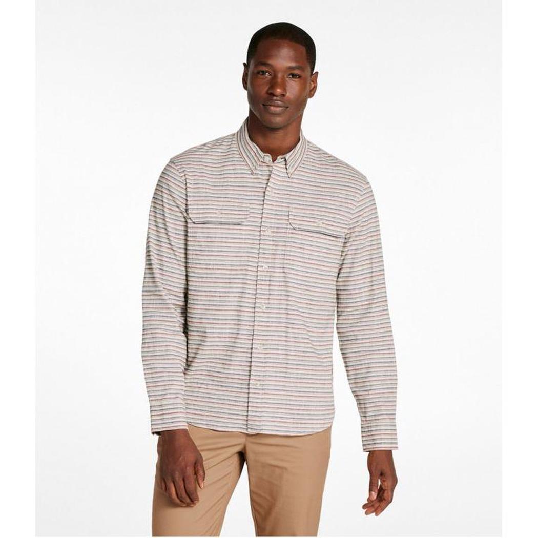 L.L.Bean Men's Stonecoast Cotton Hemp Shirt Long Sleeve Slightly Fitted Stripe-Men's - Clothing - Tops-L.L.Bean-Silver Birch-M-Appalachian Outfitters