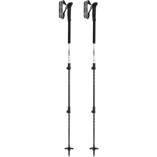 Two Leki Skytera Carbon Lite trekking poles in charcoal/graphite with adjustable sections and cross-shaped tips against a white background.