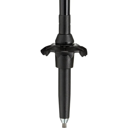 The Leki Skytera Lite trekking pole shown from the bottom up, featuring a black adjustable section and a pointed metal tip, against a plain white background.
